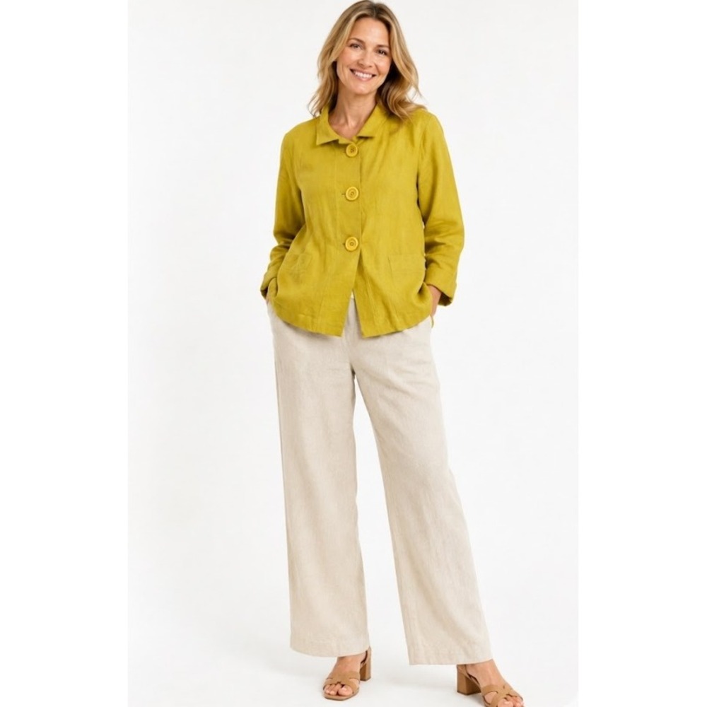 Elliott Lauren Yellow/Green 100% Linen Button‎ Jacket Size 8 Comfy Summer